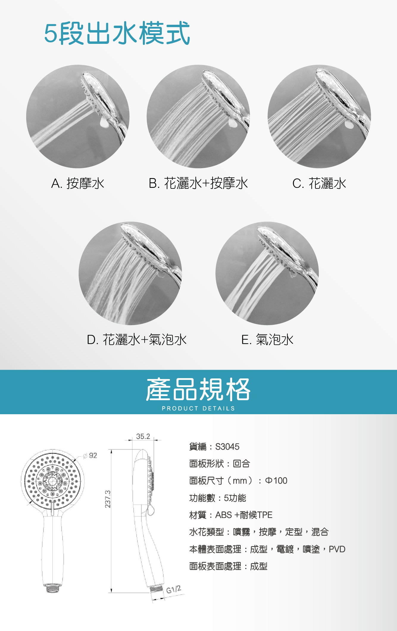 S3045五功能手動花灑-040802