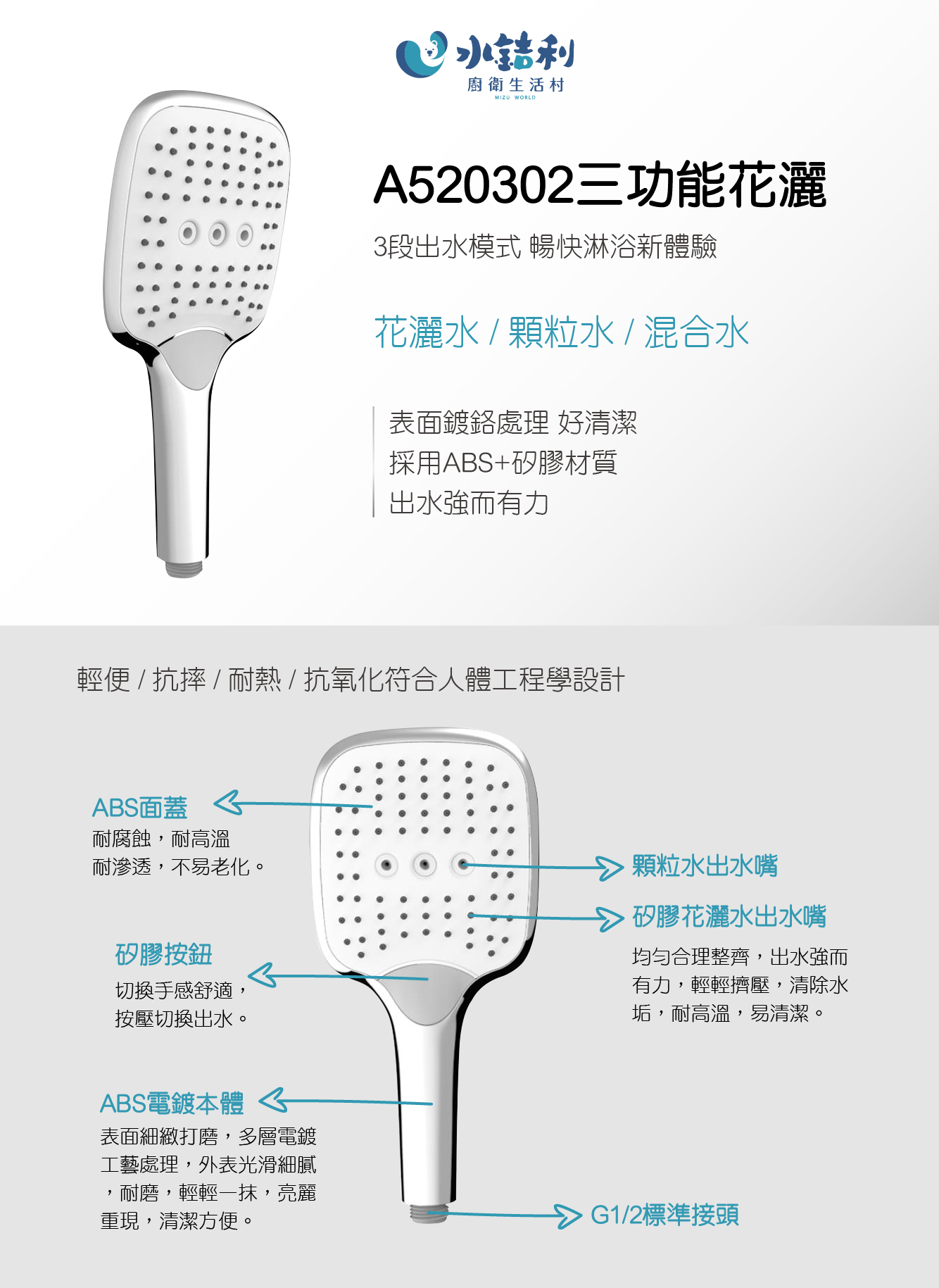 A520302方形三段花灑